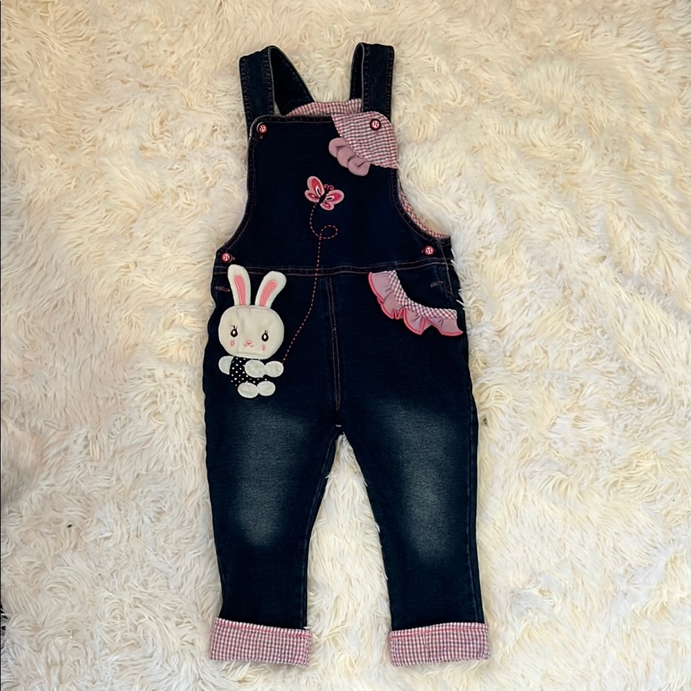 Playful Blue and Pink Denim Overalls with Bunny Patch